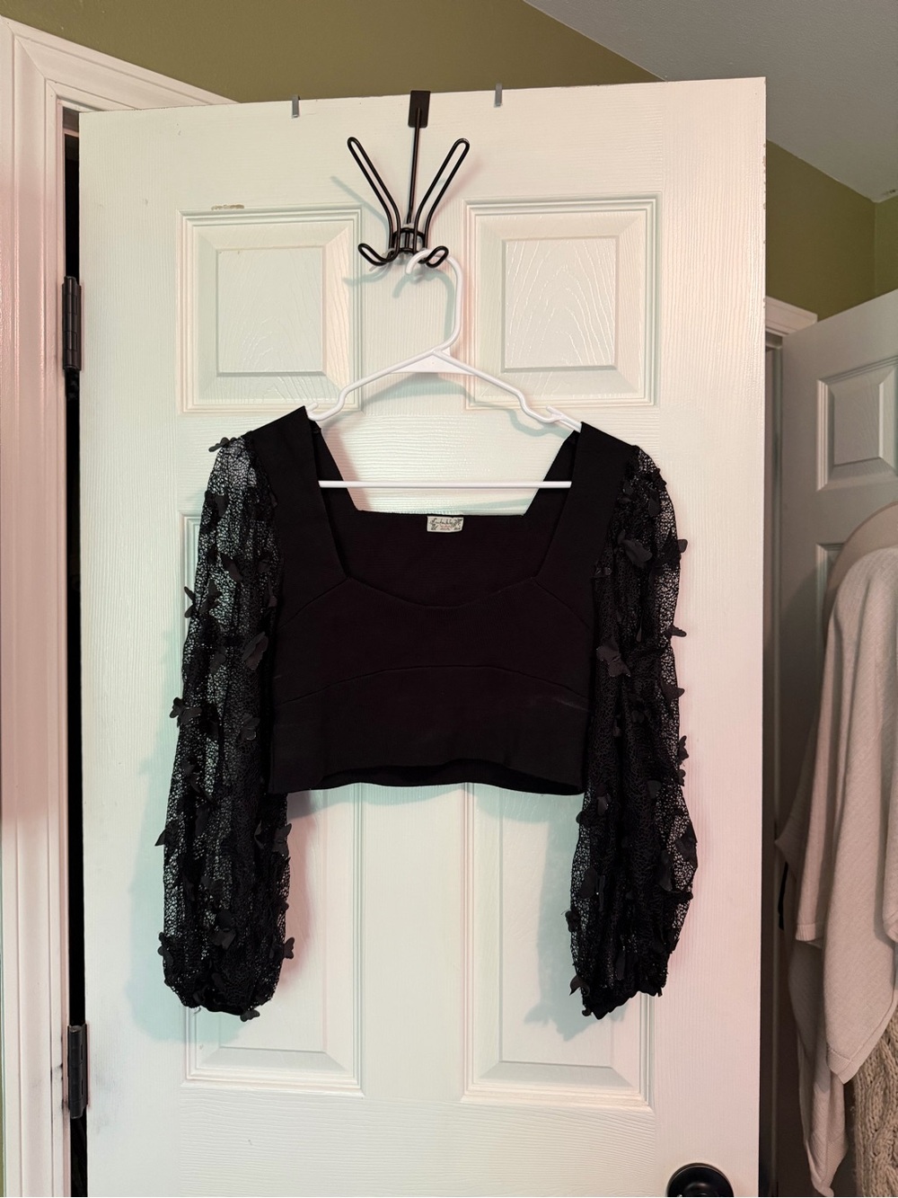 Free People Black Cropped Square-Neck Top with Sheer Ruffled Sleeves